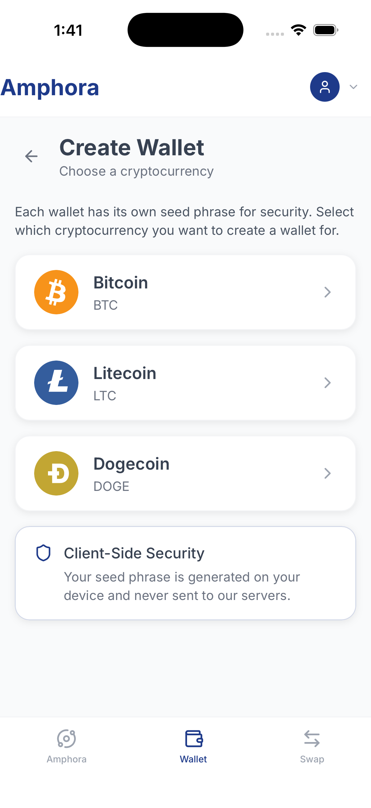 Creating a self-custodial wallet; the seed phrase is generated on your device